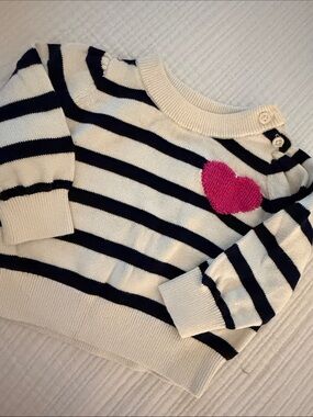 GAP Cream and Navy Striped Crewneck Sweater with Pink Heart